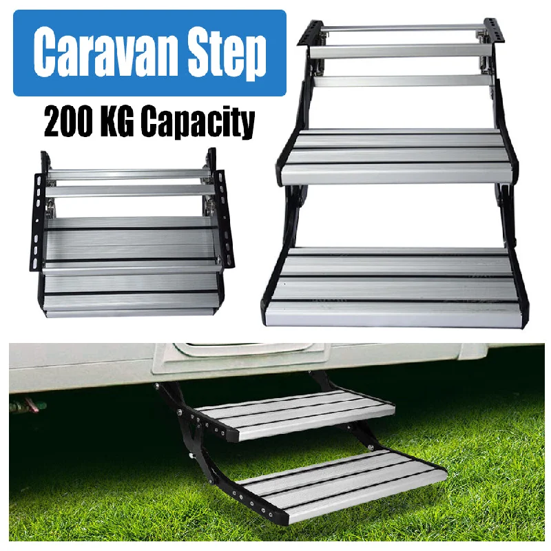 reusable camping prep bowls-Aluminium Double Caravan Step Pull Out Folding Steps For Road RV Camper Trailer