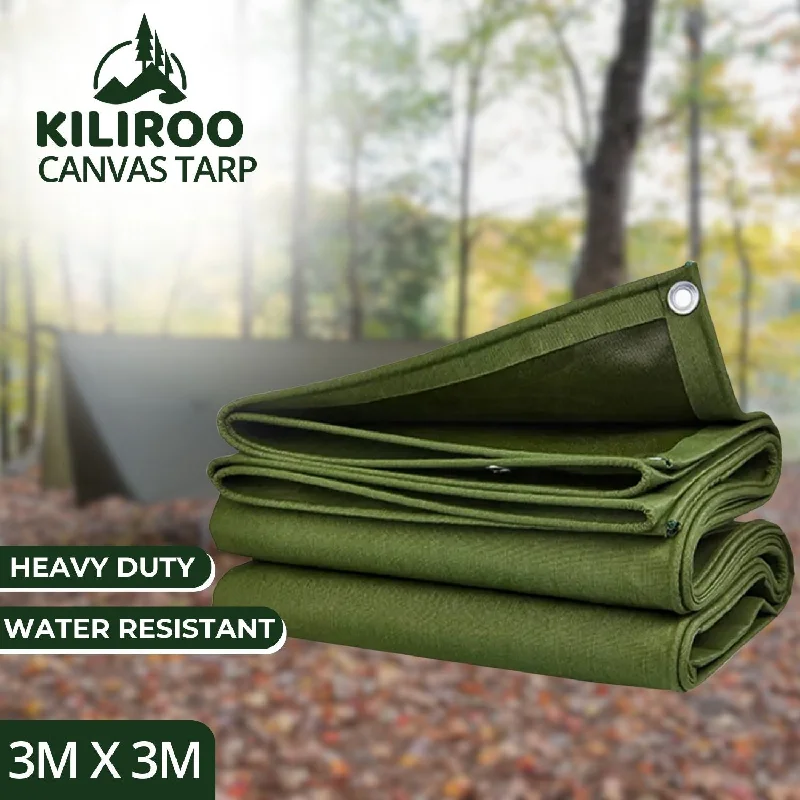 portable camping battery chargers-KILIROO 3X3m Heavy Duty Waterproof Sun Blocked Dustproof Canvas Tarp Army Green