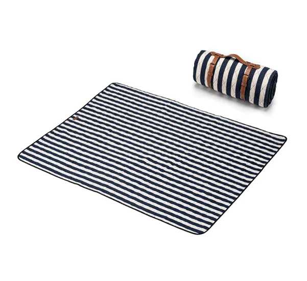 compact camping signal flags-Washable Picnic Mat - Urban Modern - Leather Handle Design (Blue & White Stripe)